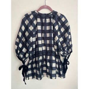 Mother of Pearl Navy Gingham Cotton Silk Peplum Top Velvet Bow Puff Sleeve US 0